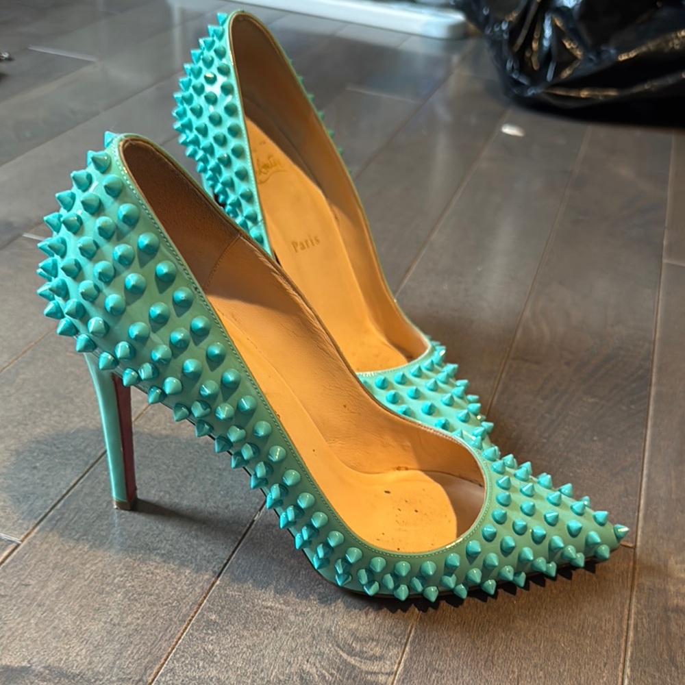 Christian Louboutin Women's Spiked Turquoise Heels - Picture 6 of 9